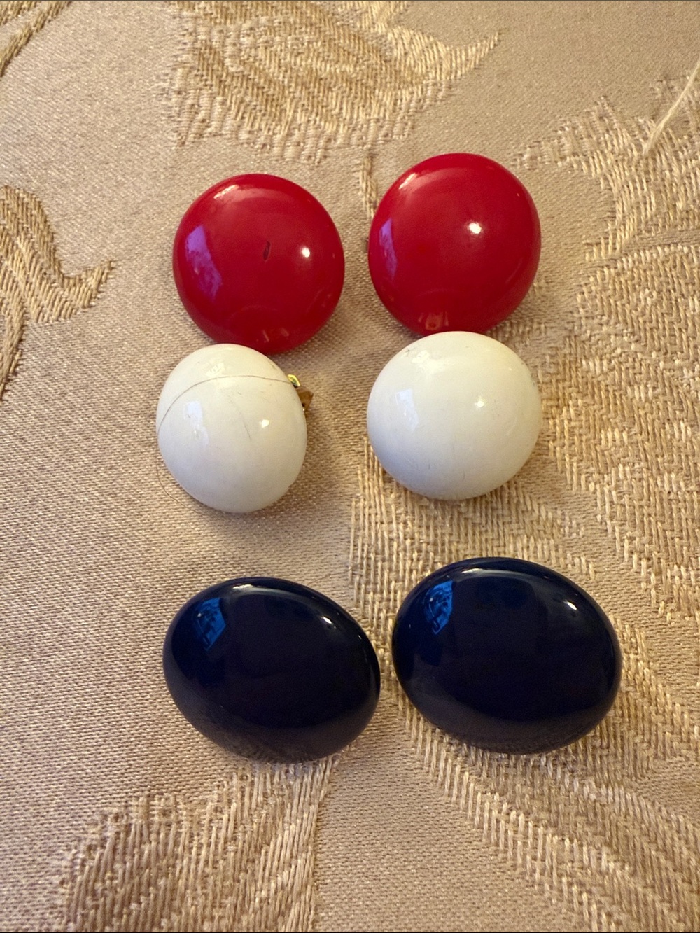 Vintage Round Clip-On Earrings Trio in Red, White, Navy Blue